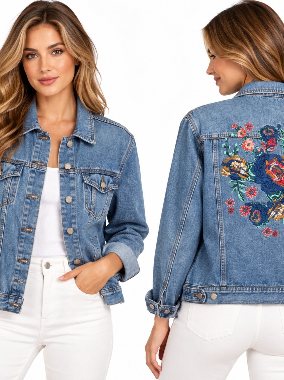 Blu Pepper Blue Denim Jacket with Embroidered Floral Back Sz L Western